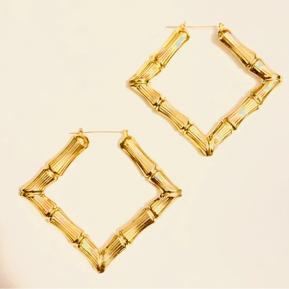 Goldtone Geometric Bamboo Earrings - Picture 2 of 2
